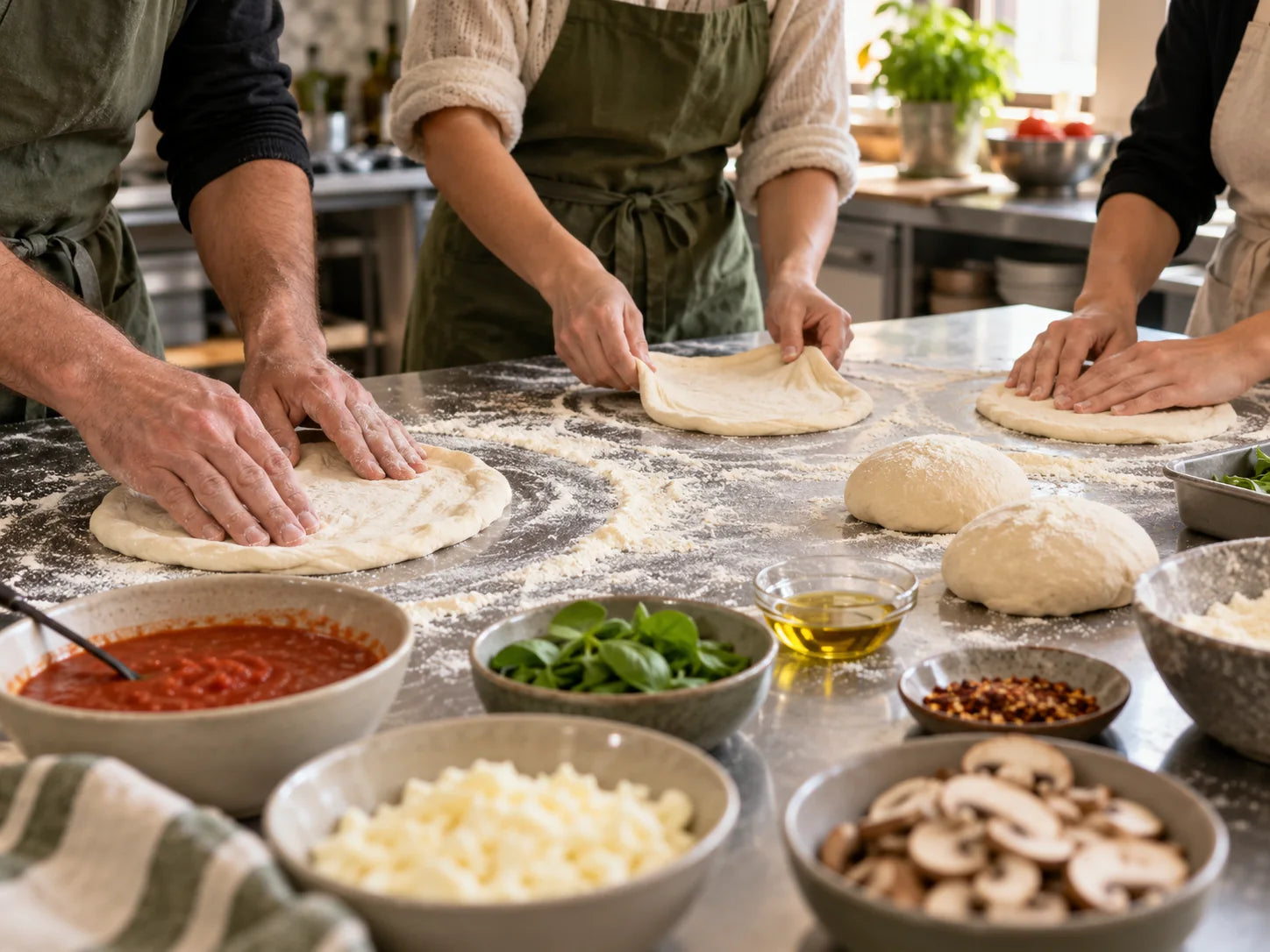 Participantes trabajando masa de pizza en una mesa